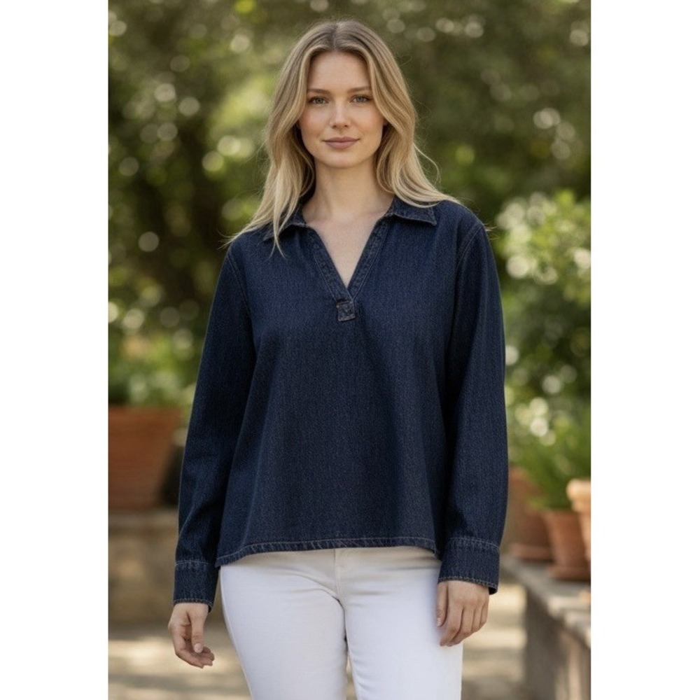 Future Collective Women Pullover Denim Shirt,  Dark Wash,Long Sleeve,  2X